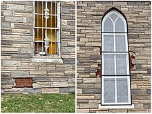 Deteriorating Formstone exposes the underlying bricks at Church of the Resurrection in Washington, D.C. Formstone-deterioration.jpg