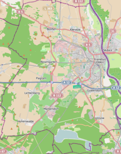 Mapa konturowa Frankfurtu nad Odrą, po prawej nieco u góry znajduje się punkt z opisem „Wydział Prawa”