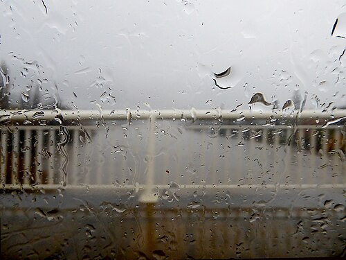 from raindrops to flood, River Derwent in flood viewed through raindrops, taken in Derwent Valley, Tasmania, Australia.