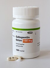 Gabapentin Orion 100 mg, bottle and pills in Sweden Gabapentin Orion bottle.jpg