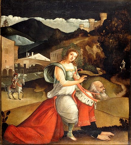 Phyllis and Aristotle, a tale written in the 13th century, as depicted by artist Giovanni Buonconsiglio in the early 1500s