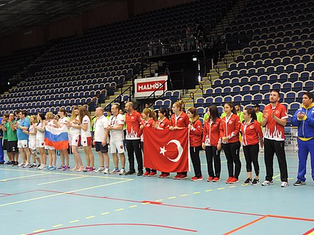 Finalists of the women's division of the 2018 IBSA Goalball World Championships in Malmö, Sweden. Shows gold medal Russia (mid), silver medal Turkey (right), and start of bronze medal Brazil (left).
