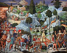 Medici family members placed allegorically in the entourage of a king from the Three Wise Men in the Tuscan countryside in a Benozzo Gozzoli fresco, c. 1459. Gozzoli magi.jpg