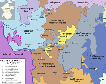 Großherzogtum Frankfurt (grau), Hessen-Darmstadt (braun) und Fürstentum Isenburg 1812 (gelb)