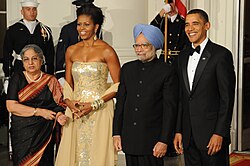 Manmohan Singh and his wife Gursharan Kaur at the state banquet hosted by President Barack Obama and First Lady Michelle Obama at White House in 2009. Gursharan Kaur, Michelle Obama, Manmohan Singh and Barack Obama, 2009.jpg