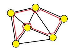 Graf o sześciu wierzchołkach z zaznaczonym cyklem Hamiltona.