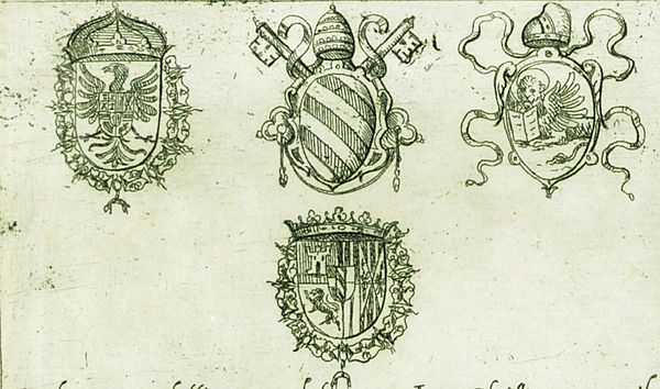 The coats of arms of the leaders of the Holy League (Habsburg Spain, Pope Pius V, Republic of Venice, John of Austria) as depicted in the printed orde