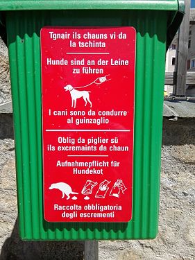 A trilingual sign in Samedan, Switzerland, informing people about proper behavior with dogs in public. The sign is written in Rumantsch Putèr, German, and Italian.