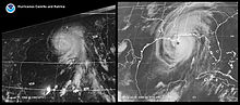 Hurricanes Camille (left) and Katrina from satellite imagery, as they approached the Mississippi Gulf Coast Hurricanes Camille and Katrina comparison.jpg