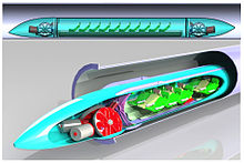 Concept du Hyperloop Cheetah, une variante du projet Hyperloop d'Elon Musk. Il est équipé de roues, de rangées de trois sièges et de sas aux extrémités.