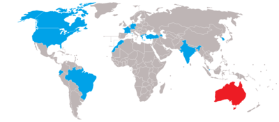 Map with military IAI Heron UAV operators in blue, with former operators in red