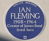 English Heritage plaque, at 22b Ebury Street, Belgravia, London, commemorating Ian Fleming (erected 1996)