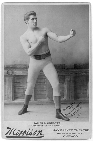 File:James John Corbett, 1866-1933, full length, standing, bare chested, fists raised, facing right. Boxer LCCN2005679749.jpg