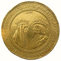Pièce d'or de prestige du royaume d'Aragon aux effigies de Jeanne Ire de Castille et de son fils Charles Quint (1528). (définition réelle 2 200 × 2 185)