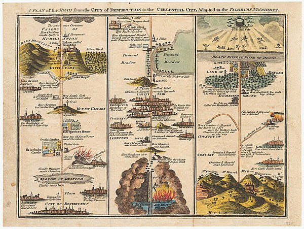 A reprint of John Bunyan's Plan of the Road from the City of Destruction to the Celestial City, including Vanity Fair as the major city along the path