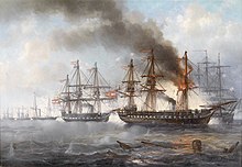 The Battle of Heligoland by Josef Carl Berthold Puttner; Blitz and the other Prussian vessels are visible in the left background Josef Carl Puttner Seegefecht bei Helgoland 1864.jpg