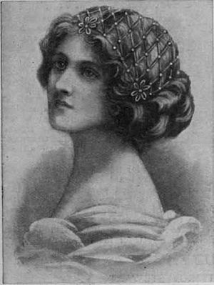 "A pretty and easily made Juliet cap in narrow gold braid and artistically coloured beads", from Every Woman's Encyclopaedia, 1910. Juliet cap 1910.jpg