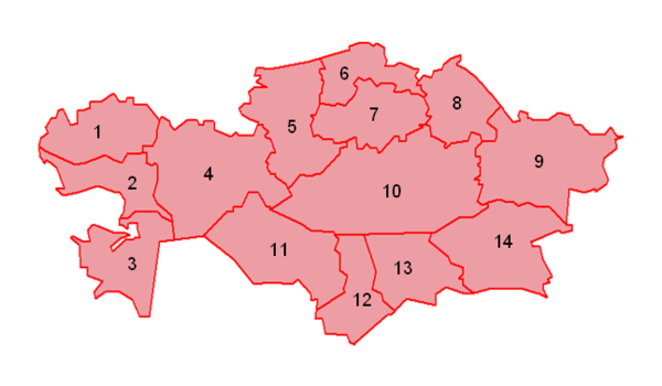 Kazachstan, mapa členenia na oblasti