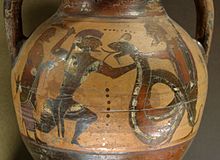 Euboean amphora, c.550 BCE, depicting the fight between Cadmus and a dragon
