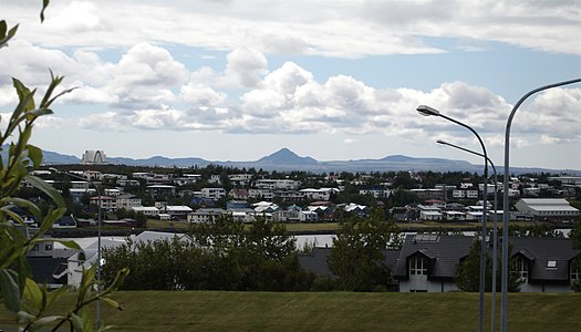 A shield volcano and its parasitic cones and ridges behind Kópavogur