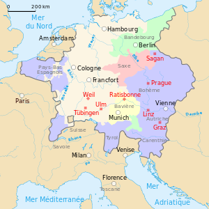 Lieux de séjour de Jean Kepler. Weil der Stadt [né en 1571-1576], Tübingen [1589-1594], Graz [1594-1600], Prague [1600-1612], Linz [1612-1626], Ulm [1627], Sagan [1628-1630], Ratisbonne [mort en 1630].