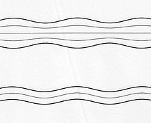 Figure 1: Upper and lower, respectively:
Extensional (S0) mode with
d
/
l
=
0.6
{\displaystyle d/\lambda =0.6}
.
Flexural (A0) mode with
d
/
l
=
0.3
{\displaystyle d/\lambda =0.3}
.
(This is a simplified graphic. It is based on the z component of motion only, so it does not render the distortion of the plate precisely.) Lamb Waves 2 Modes.jpg