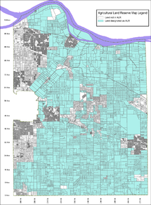 The majority of the land in the Langley Township is designated as part of the Agricultural Land Reserve (ALR), shown as light blue on this map. This restricts the way the land can be used. The ALR was introduced in 1973 to preserve fertile land and support local farming.