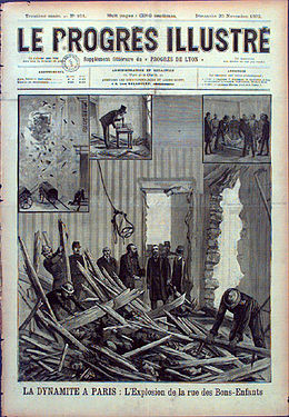 Tidningen Le Progrès illustré rapporterar om en explosion vid Rue des Bons-Enfants i november 1892.