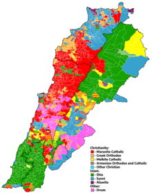 Religion map of Lebanon by municipality according to municipal elections data. Lebanon religion map by municipality.png