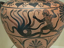 Herakles fighting the Lernaean Hydra on a hydria by the Eagle Painter, circa 525 BC. Malibu: Getty Villa. Lernaean Hydra Getty Villa 83.AE.346.jpg