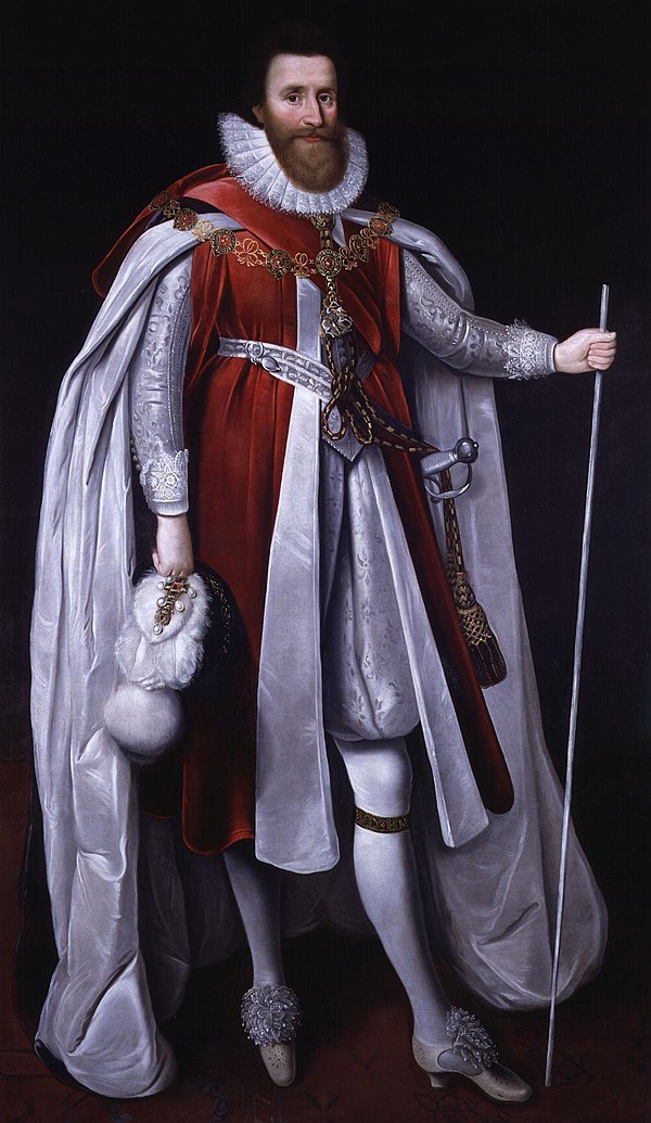 Ludovic Stewart, 1st Duke of Richmond, 2nd Duke of Lennox, holding white staff of office, wearing the Garter and Collar of the Order of the Garter. Po