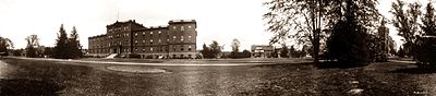 Morrill Hall in 1912, known at the time as the "Women's Building". To the right are Horticulture, Bacteriology, Botany, and Administration (Library-Museum). MSU Morrill Hall 1912 sepia.jpg