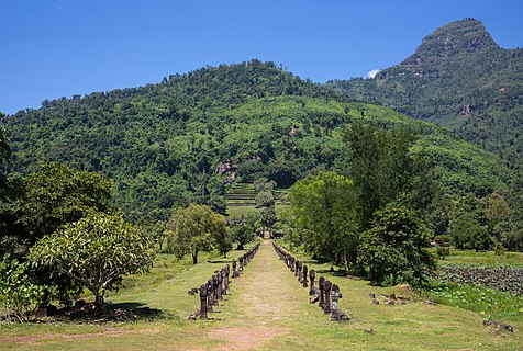 Main path lined with stone pillars to the ruined Khmer Hindu temple of Wat Phou, Champasak, Laos