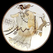 Raging maenad by the Brygos Painter - she holds a thyrsos in her right hand, her left is swinging a leopard through the air, and a snake is winding through the diadem in her hair - tondo of a kylix, 490-480 BC, Munich, Staatliche Antikensammlungen Mainade Staatliche Antikensammlungen 2645.jpg