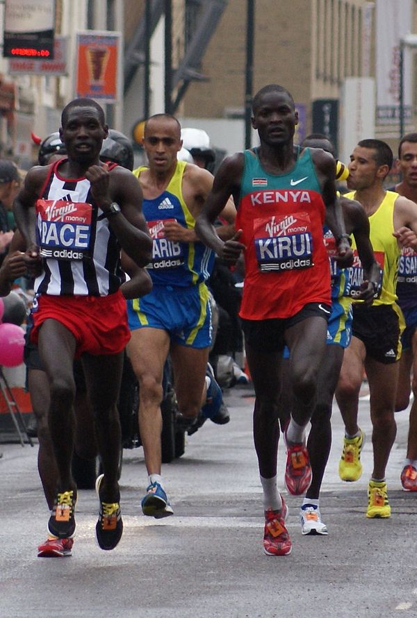 The leaders of the elite men's race, including Kenya's Abel Kirui, who finished in fifth place