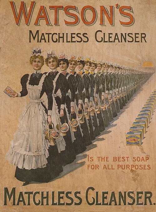 Advertisement for Watson's Matchless Cleanser soap, advertised in 1910 as "the most popular soap in Great Britain" Illustration by Howard Davie, Augus