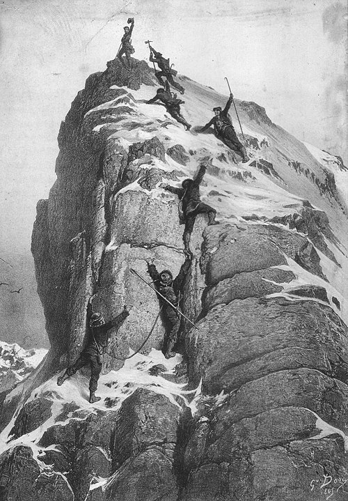 The First Ascent of the Matterhorn, by Gustave Doré. This ascent, by Edward Whymper and party in 1865, traditionally marks the end of the golden age o