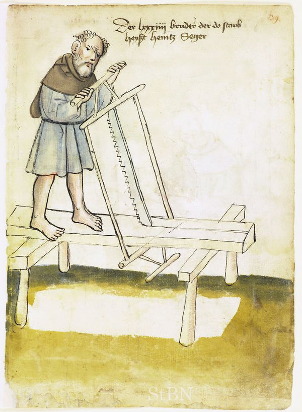 Rip sawing c. 1425 with a frame or sash saw on trestles rather than over a saw pit