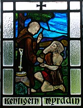 Merlin (Myrddin) being converted to Christianity by Saint Kentigern (Mungo) at Stobo Kirk, Borders, Scotland. Merlin and St Kentigern, Stobo Kirk.JPG