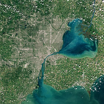 A Satellite image from Sentinel-2 taken in September 2021 of Detroit and its surrounding metropolitan area with Windsor across the river.