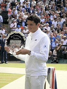 Milos Raonic was a finalist at Wimbledon in 2016. This was his first appearance in a Grand Slam final. MilosWimbledon2016.jpg