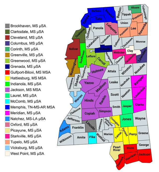 Map of the 23 core-based statistical areas in Mississippi.