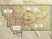 Approximate boundaries of the divisions of the Montana Water Court. Montana Water Court divisions.jpg