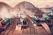 Steam trains at King's Cross in 1928 Morning rush from King's Cross (CJ Allen, Steel Highway, 1928).jpg