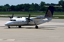 Bombardier Dash 8 Q200 parked at Bishop International Airport in Flint.