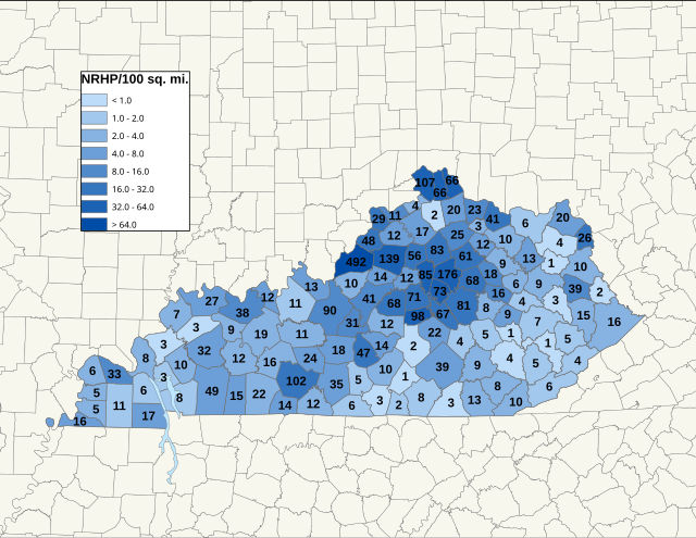 Distribuição de NRHPs nos condados de Kentucky.