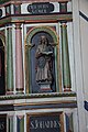 English: Pulpit of Nannestad church, Nannestad, Norway. Panel with John the Evangelist