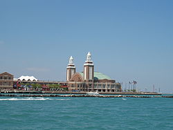 Navy Pier, where WCFL's first transmitter was located. The Downers Grove site went into operation in 1932. Navypierfromsouth.JPG