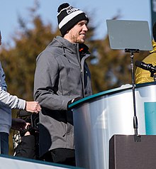 Nick Foles addressing crowds at the Super Bowl LII victory parade in Center City Philadelphia Nick Foles Philadelphia Eagles Super Bowl LII Victory Parade (40140602902).jpg