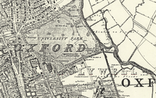 1876 Ordnance Survey map of Oxford showing The Parks with Parson's Pleasure bathing place in the south east corner. OS Oxfordshire Sheet XXIII 1876.png